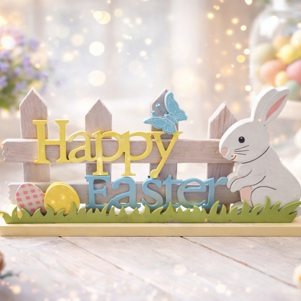 Easter Bunny Wooden Tabletop Sign “Happy Easter” Spring Decor Pastel